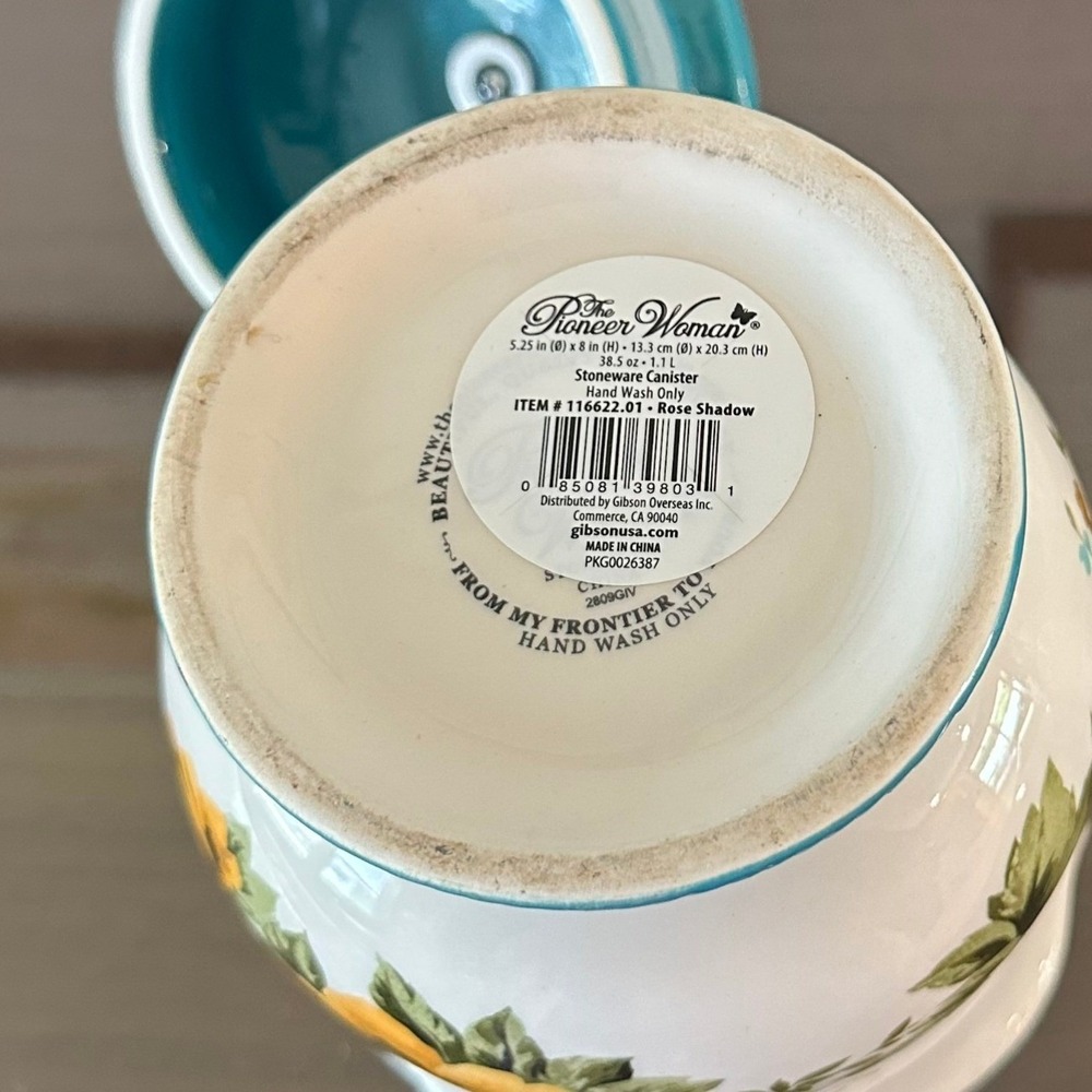 The Pioneer Woman Rose Shadow Stoneware Canister Teal Floral 8'' 38.5oz - Picture 5 of 5